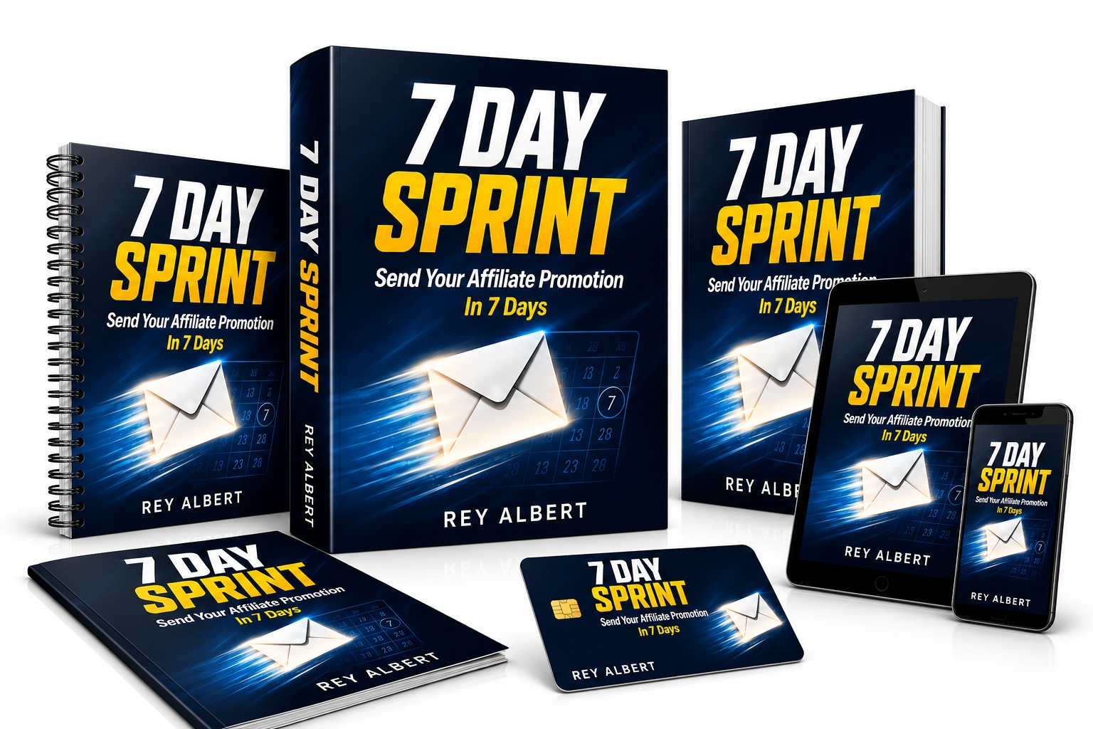 First Commission Sprint: 7 Day Sprint guide shown as printed book, ebook, workbook, and mobile mockups